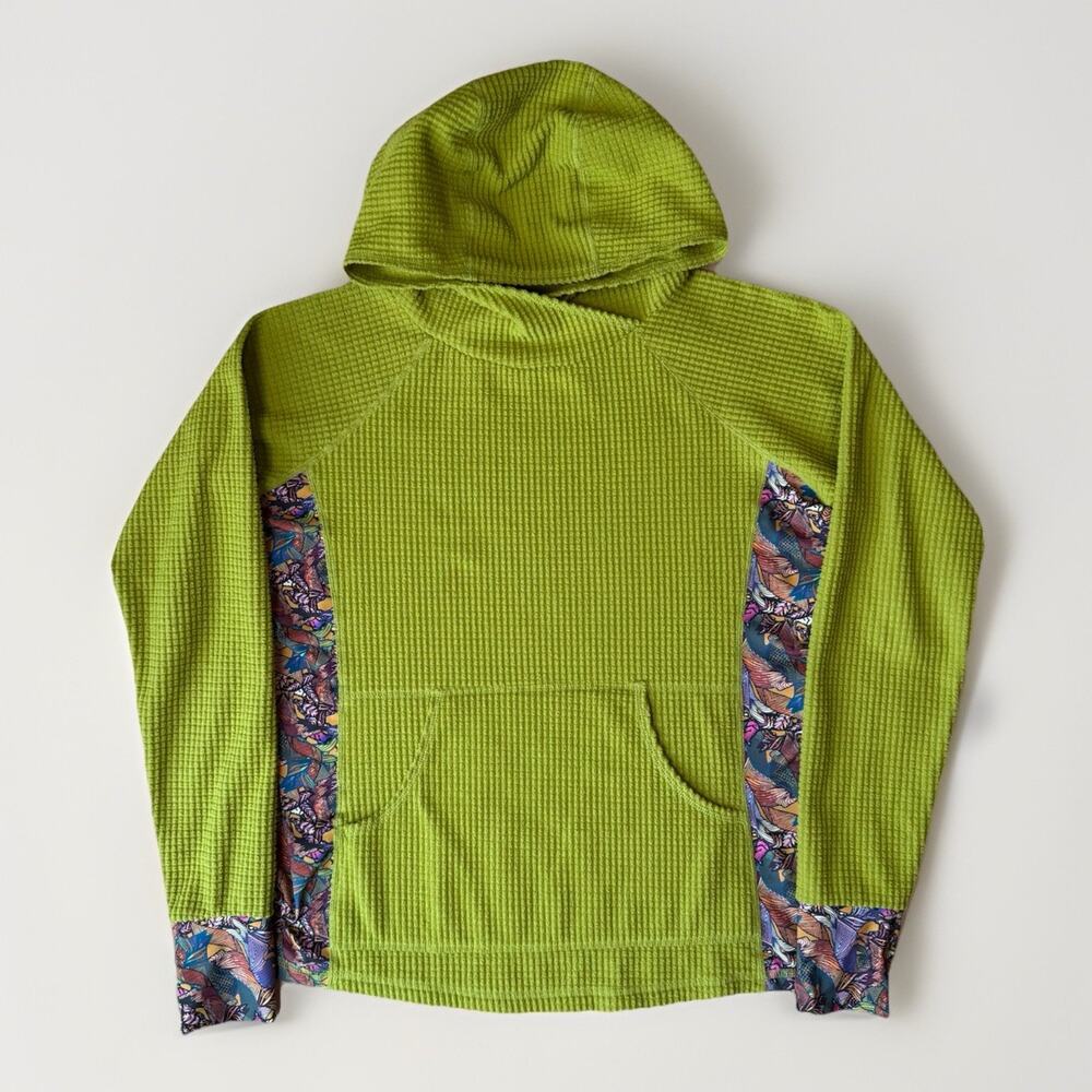 Waffle Knit Hooded Pullover Sweatshirt in Lime Green